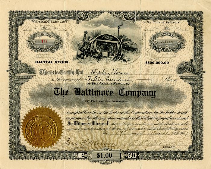Baltimore Co. - Stock Certificate