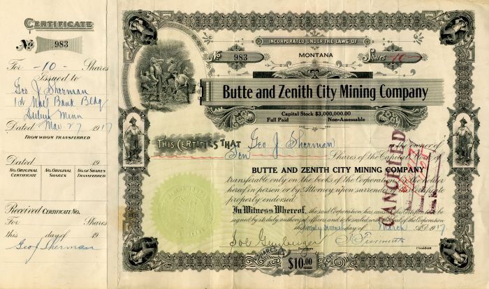 Butte and Zenith City Mining Co. -  Stock Certificate 
