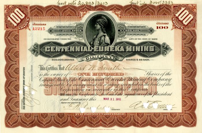 Centennial-Eureka Mining Co. - Stock Certificate