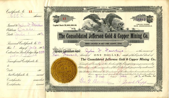 Consolidated Jefferson Gold and Copper Mining Co. - Stock Certificate