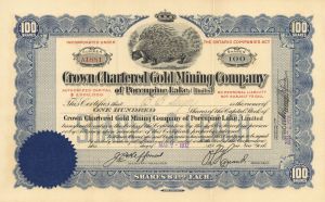 Crown Chartered Gold Mining Co. of Porcupine Lake (Limited) - 1911 dated Porcupine Vignette Canadian Mining Stock Certificate