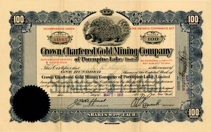Crown Chartered Gold Mining Co. of Porcupine Lake (Limited) - Porcupine Vignette Stock Certificate