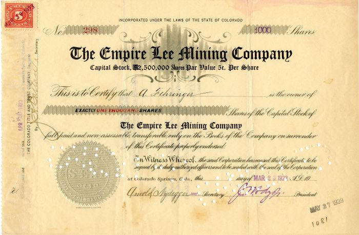 Empire Lee Mining Co. - Stock Certificate