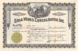 Gold Mines Consolidated, Inc. - 1938 or 1945 dated Stock Certificate