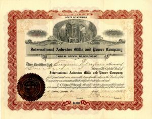 International Asbestos Mills and Power Co. - Wyoming Mining Stock Certificate