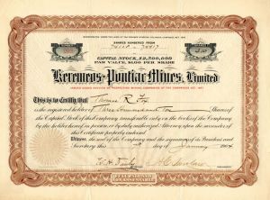 Keremeos=Pontiac Mines, Limited - Stock Certificate