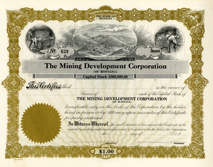 Mining Development Corporation - Stock Certificate