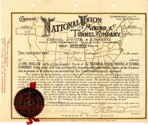 National Union Mining and Tunnel Co. - Stock Certificate