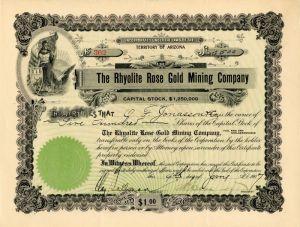 Rhyolite Rose Gold Mining Co. - Arizona Stock Certificate