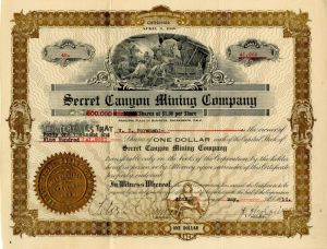 Secret Canyon Mining Co. - 1910 dated California Mining Stock Certificate