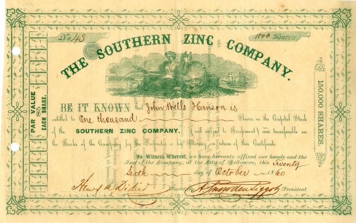 Southern Zinc Co. - Stock Certificate