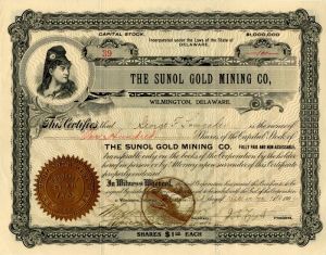 Sunol Gold Mining Co, Wilmington, Delaware - Stock Certificate
