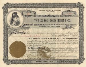 Sunol Gold Mining Co, Wilmington, Delaware - 1902 dated Stock Certificate