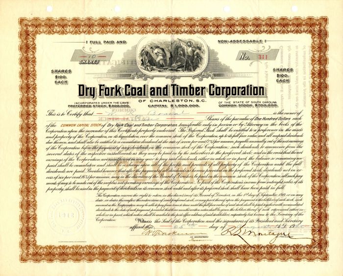 Dry Fork Coal and Timber Corporation of Charleston, South Carolina - Stock Certificate