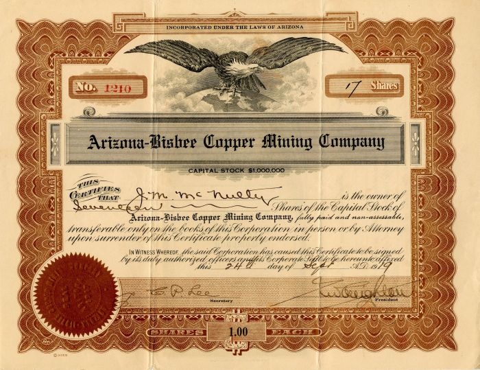 Arizona-Bisbee Copper Mining Co. - Stock Certificate