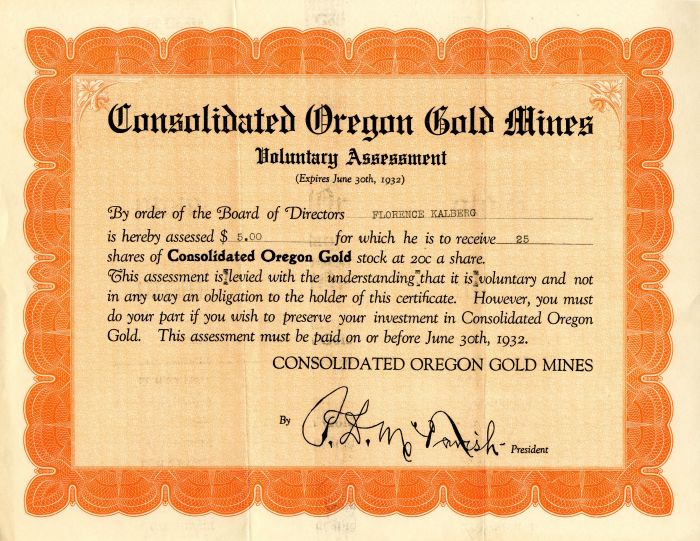 Consolidated Oregon Gold Mines - Stock Certificate