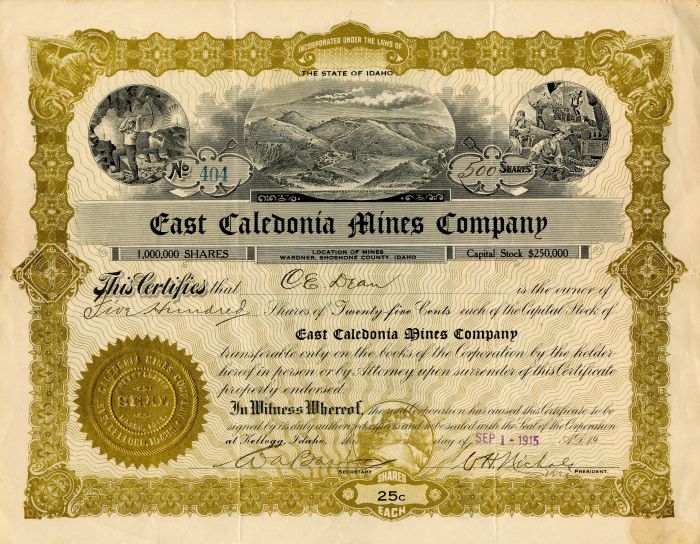 East Caledonia Mines Co. - Stock Certificate