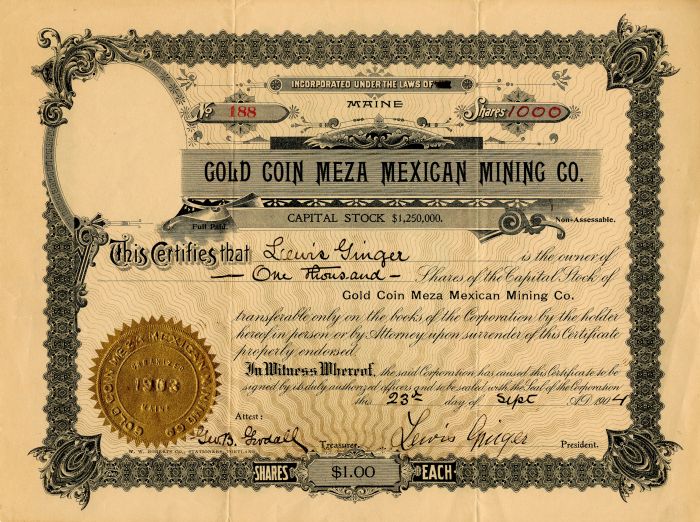 Gold Coin Meza Mexican Mining Co. - 1904 dated Mining Stock Certificate