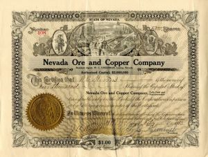 Nevada Ore and Copper Co. - Mining Stock Certificate
