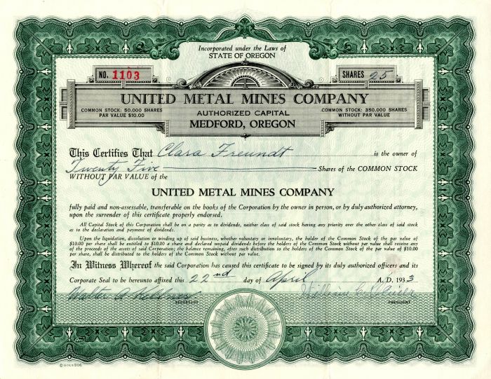 United Metal Mines Co. - Stock Certificate