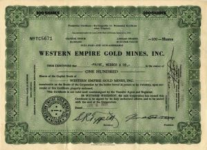 Western Empire Gold Mines, Inc. - Stock Certificate