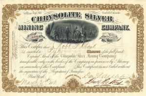 Chrysolite Silver Mining Co. - 1880 dated Leadville, Colorado Mining Stock Certificate
