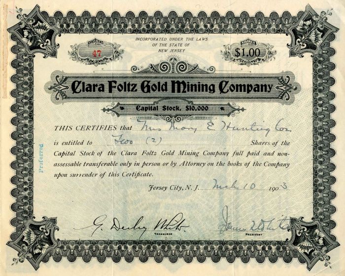 Clara Foltz Gold Mining Co. - Stock Certificate