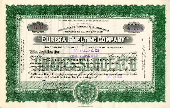 Eureka Smelting Co. - Stock Certificate