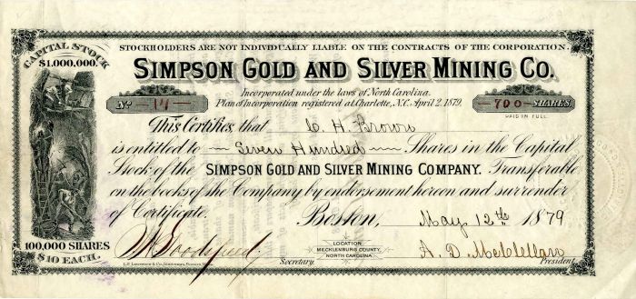 Simpson Gold and Silver Mining Co. - Stock Certificate