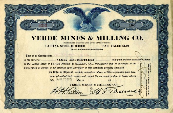 Verde Mines and Milling Co. - 1922 dated Arizona Mining Stock Certificate
