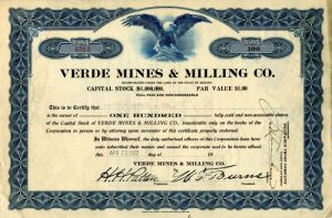 Verde Mines and Milling Co. - 1922 dated Arizona Mining Stock Certificate