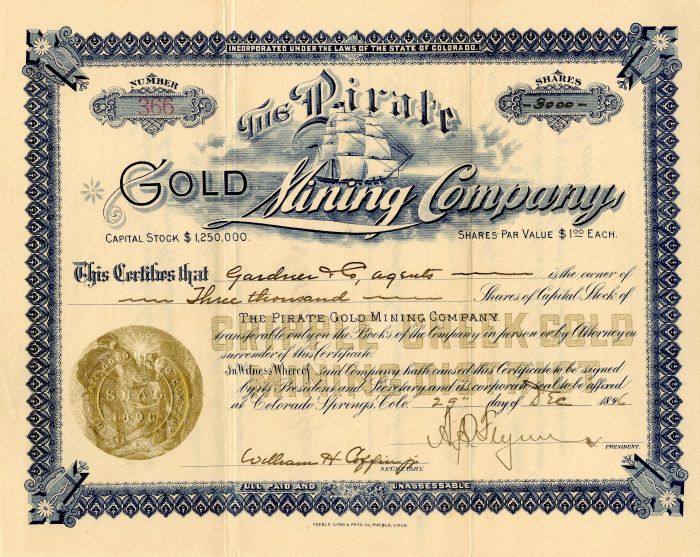 Pirate Gold Mining Co. - Extremely Rare Cripple Creek Mining Stock Certificate