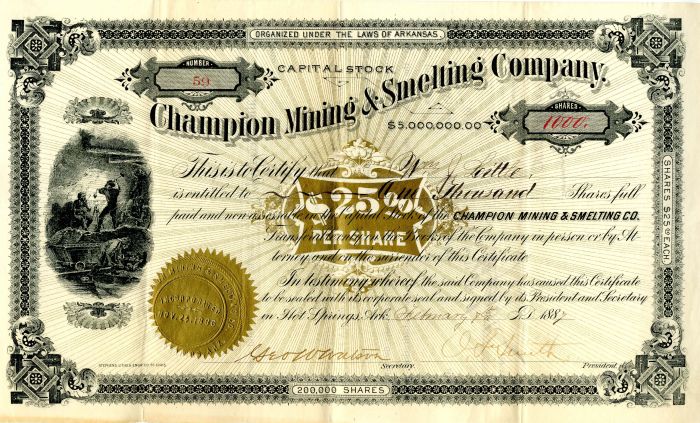 Champion Mining and Smelting Co. - Stock Certificate