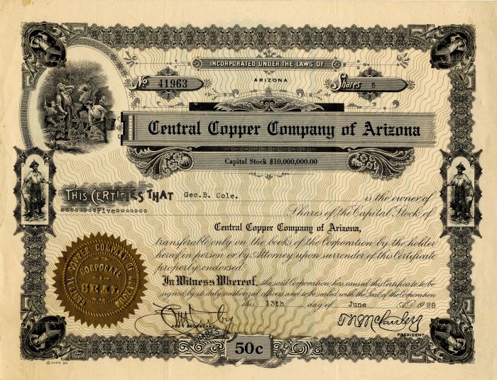 Central Copper Co. of Arizona - Stock Certificate