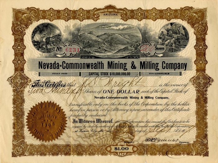 Nevada-Commonwealth Mining and Milling Co. - Stock Certificate