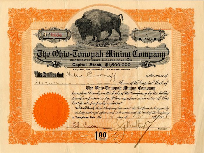 Ohio-Tonopah Mining Co. - Bison Vignette Stock Certificate