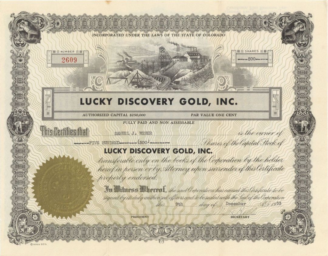 Lucky Discovery Gold, Inc. - 1933-1935 dated Stock Certificate
