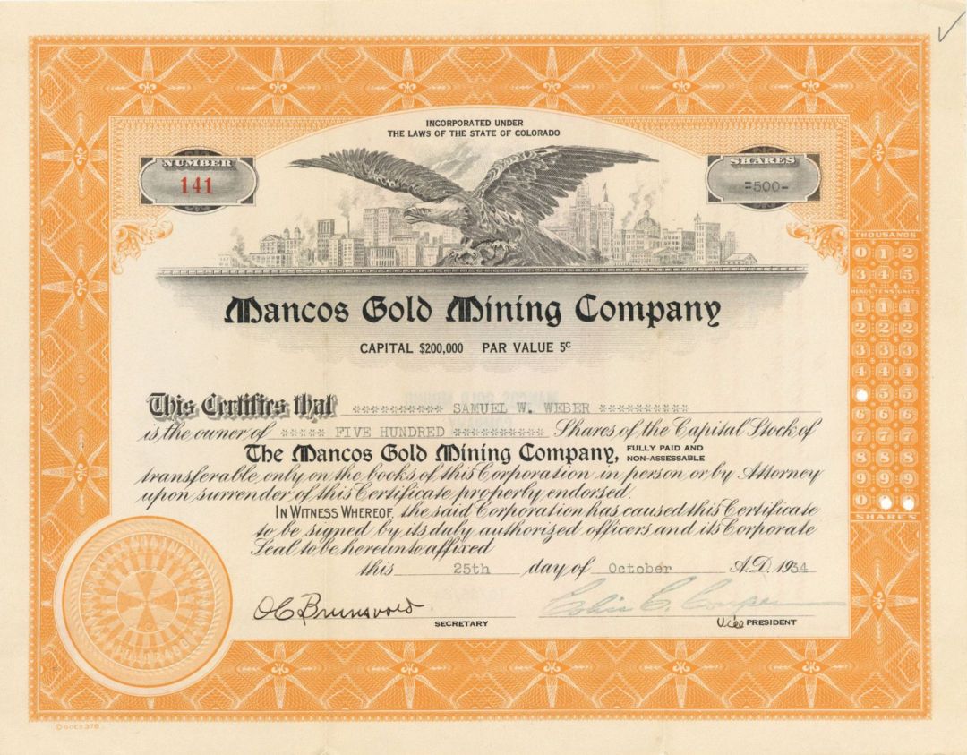 Mancos Gold Mining Co. - 1934-1937 dated Stock Certificate