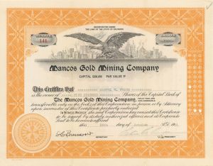 Mancos Gold Mining Co. - 1934-1937 dated Stock Certificate