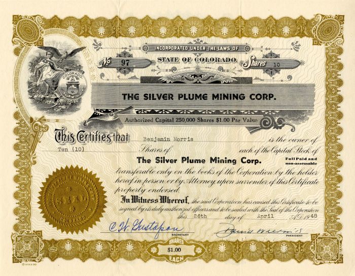 Silver Plume Mining Corp. - Colorado Mining Stock Certificate