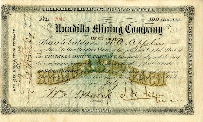 Unadilla Mining Co. - Colorado Mining Stock Certificate