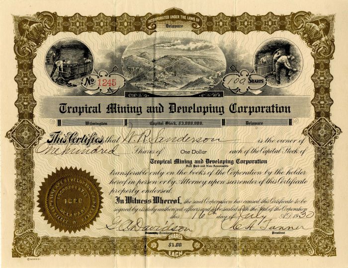 Tropical Mining and Developing Corporation - Stock Certificate