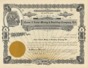 Coeur d'Alene Mining and Smelting Co., Ltd. - Stock Certificate