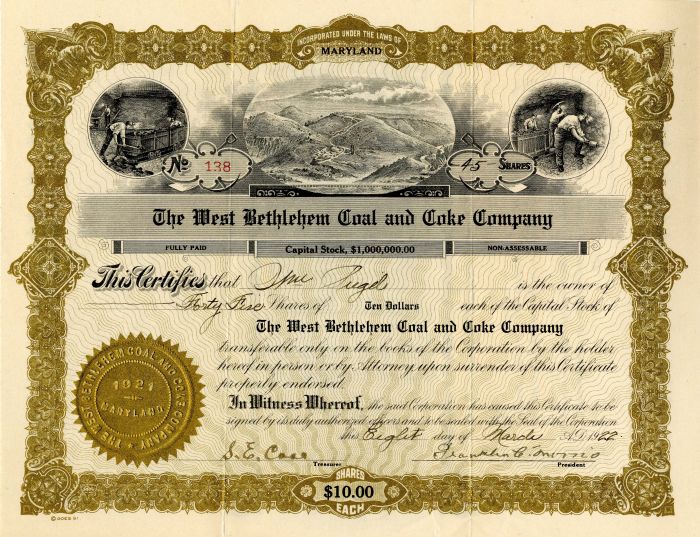 West Bethlehem Coal and Coke Co. - Stock Certificate