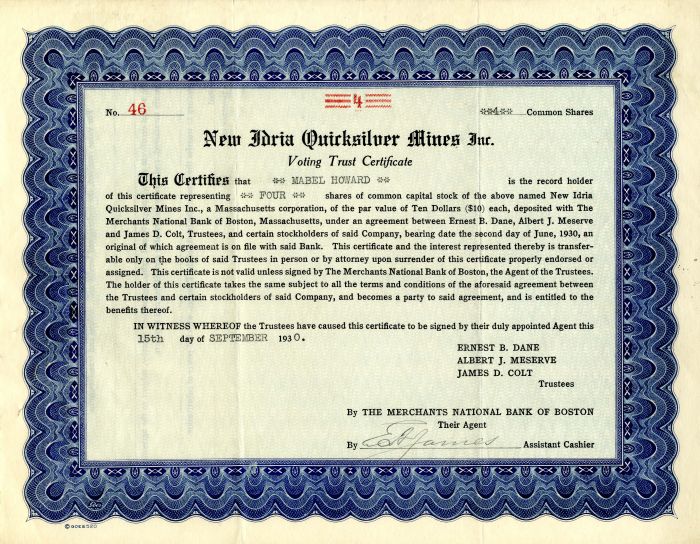 New Idria Quicksilver Mines Inc. - Mining Voting Trust Certificate