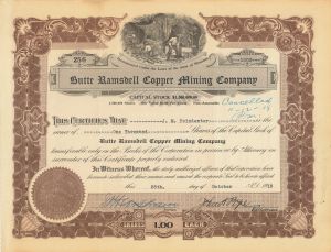 Butte Ramsdell Copper Mining Co. - 1919 dated Montana Mining Stock Certificate