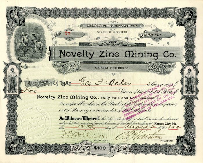 Novelty Zinc Mining Co. - Stock Certificate