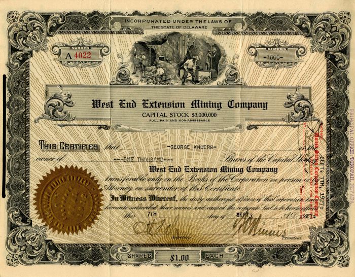 West End Extension Mining Co. - Stock Certificate