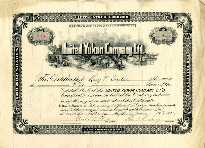 United Yukon Co., Ltd. - Klondike Gold Rush Period - Alaska, West Virginia & Massachusetts Mining Stock Certificate