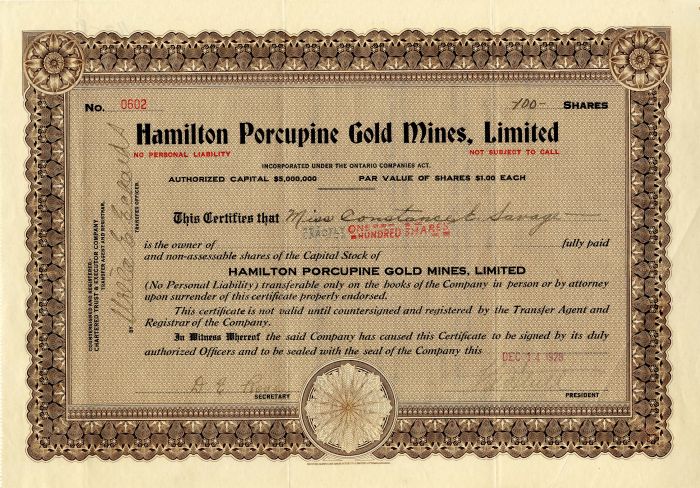 Hamilton Porcupine Gold Mines, Limited